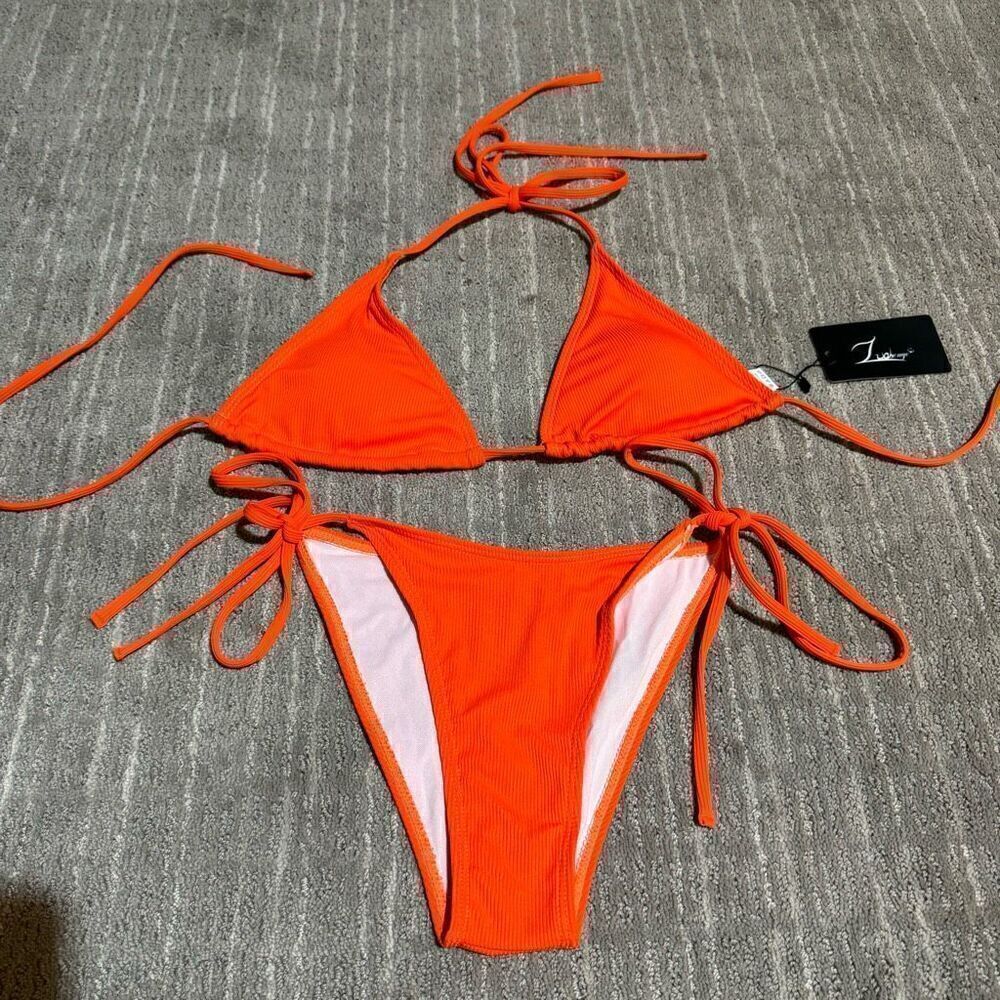 Zuvebamyo Bright Orange Ribbed Triangle String Tie Bikini Small NWT